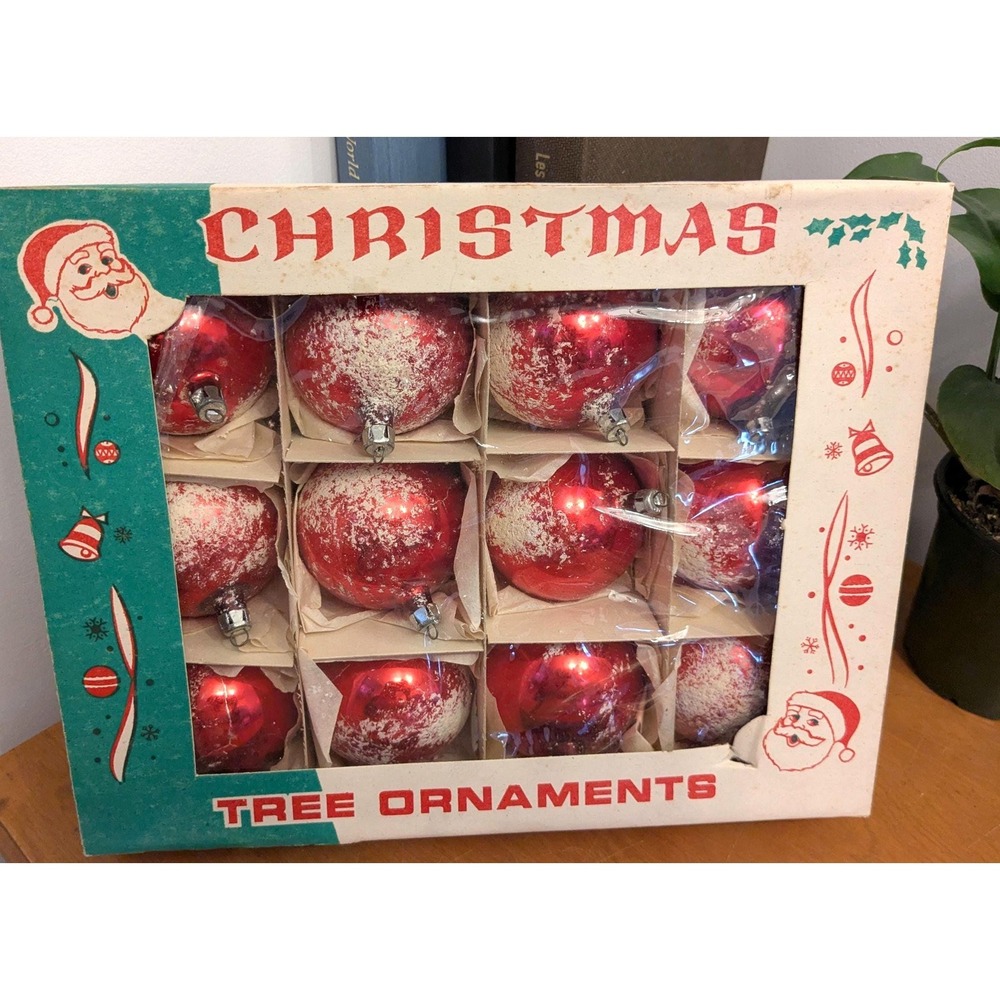 Vintage Christmas Ornaments Set, Red Mercury Glass Baubles, Boxed Tree Ornaments